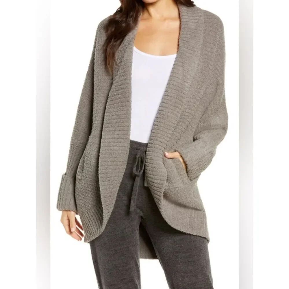 Pink Rose Waffle Knit Sage Green Open-Front Shawl Collar Sweater Cardigan Large